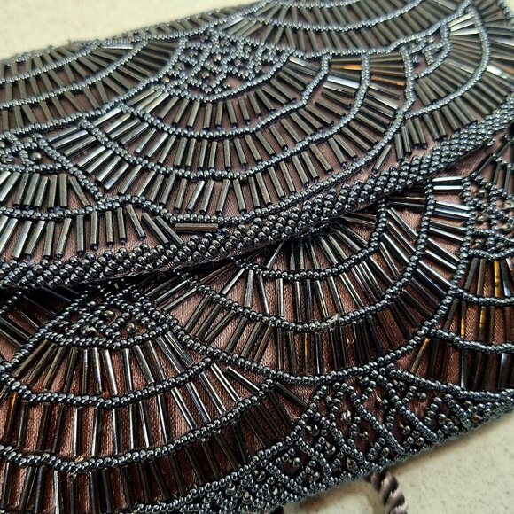 Hato Hasi Grey Silver Beaded Shoulder Corded Evening Crossbody Purse - Picture 3 of 5